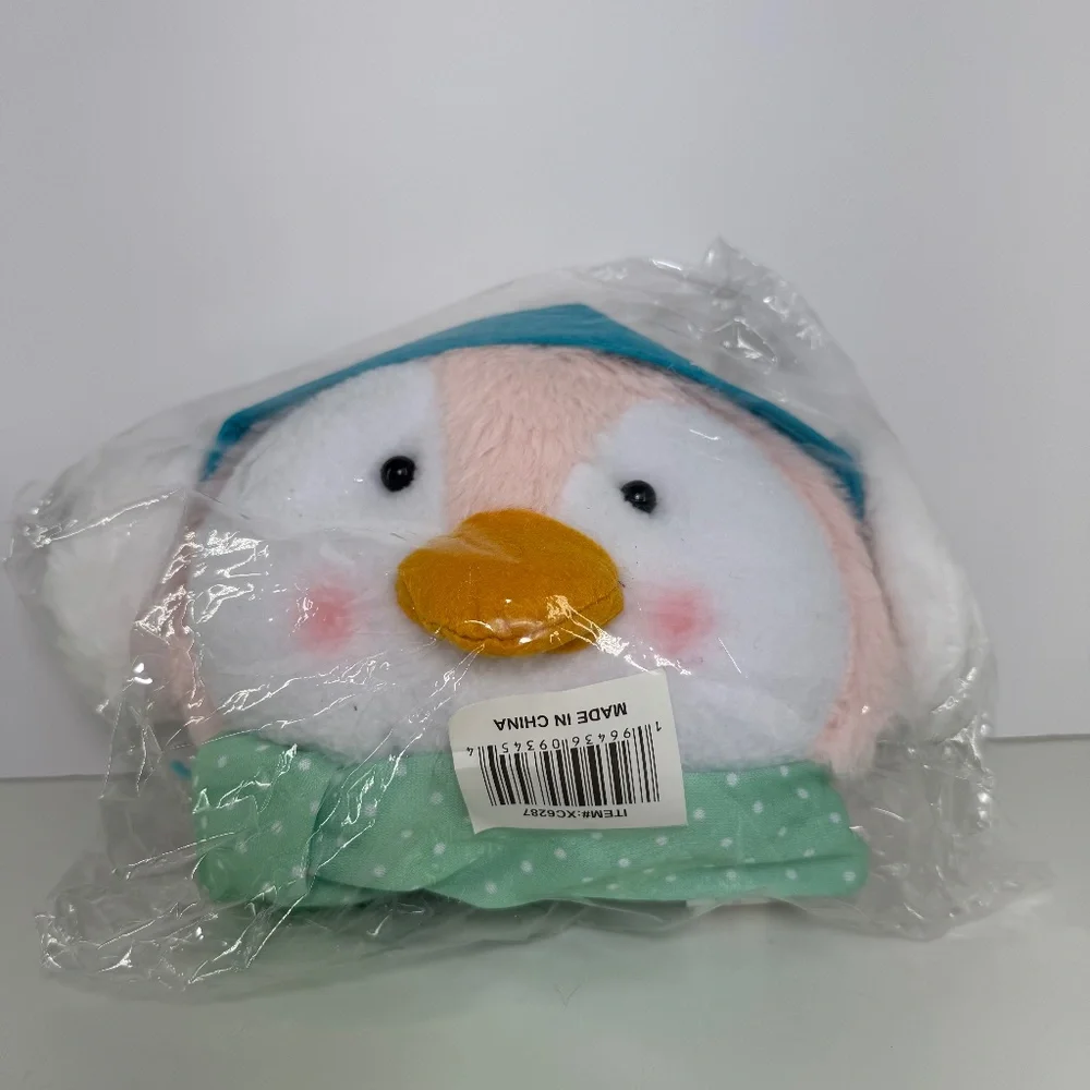 11” Pastel Pink Plush Penguin Head Pre-Wired Craft Decor Mint Scarf Earmuffs